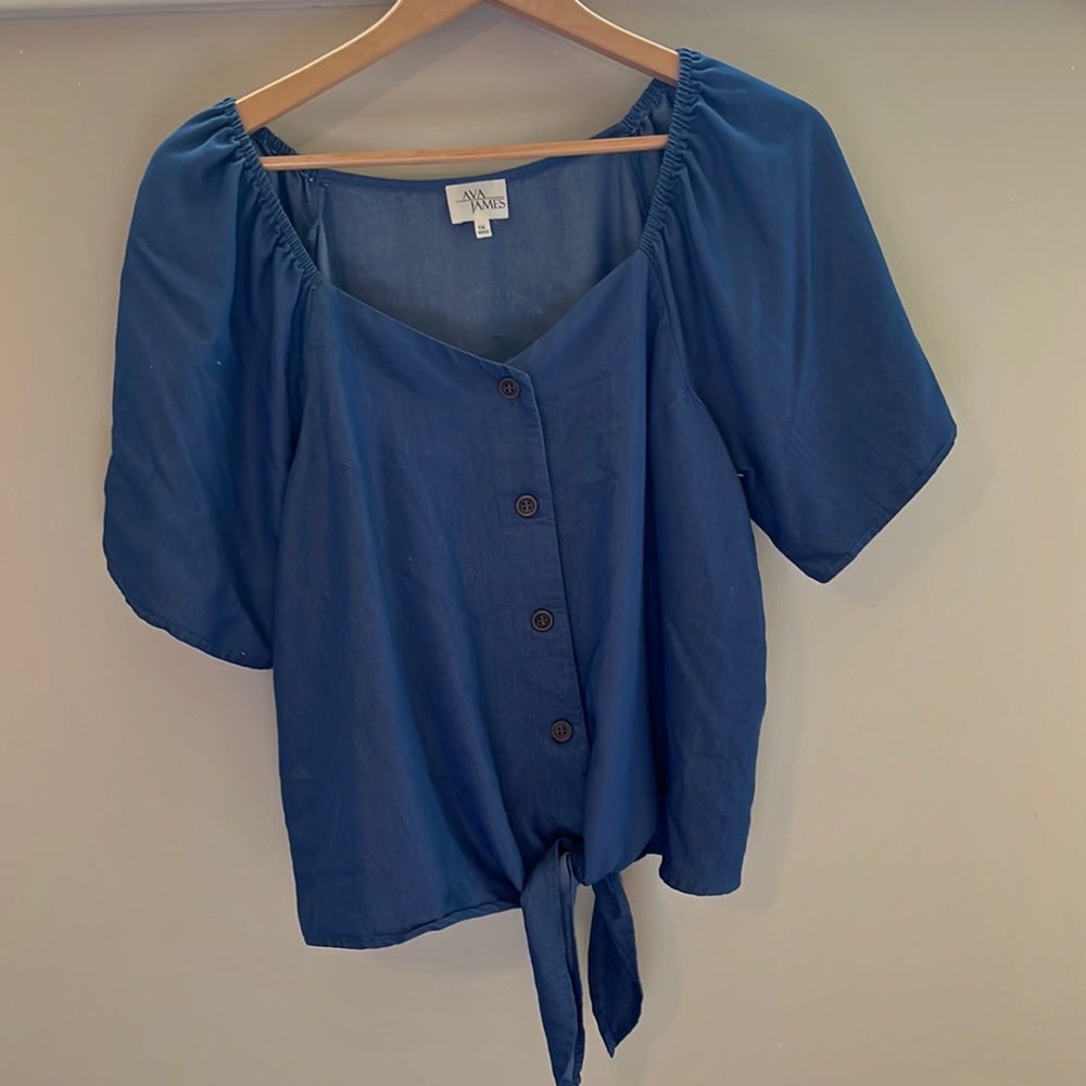Soft denim appearance crop blouse.